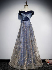 Blue Tulle Sequins Off the Shoulder Prom Dresses