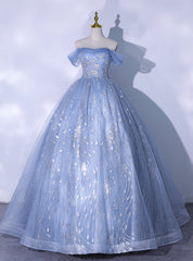 Blue Tulle Sequins Off the Shoulder Quinceanera Dresses