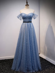 Blue Tulle Sequins Pearls Pleats Prom Dresses