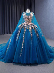 Blue Tulle Sequins Pink 3D Appliques Prom Dresses