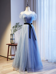 Blue Tulle Sequins Pleats Beading Prom Dresses With Belt