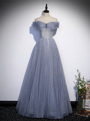 Blue Tulle Sequins Pleats Beading Prom Dresses