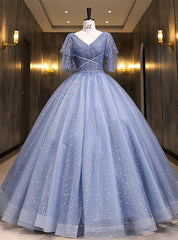 Blue Tulle Sequins Pleats V-neck Quinceanera Dresses