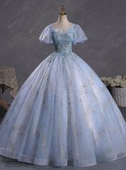 Blue Tulle Sequins Puff Sleeve Beading Quinceanera Dresses