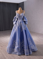 Blue Tulle Sequins Spagehtti Straps Prom Dresses