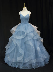 Blue Tulle Sequins Spaghetti Straps Pleats Prom Dresses