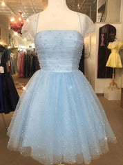 Blue Tulle Sequins Square Pearls Homecoming Dresses