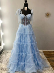 Blue Tulle Sequins Straples Prom Dresses