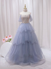 Blue Tulle Sequins Strapless Beading Prom Dresses