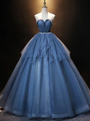 Blue Tulle Sequins Strapless Beading Quinceanera Dresses