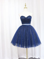 Blue Tulle Sequins Strapless Homecoming Dresses