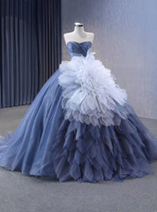 Blue Tulle Sequins Strapless Prom Dresses With Detachable Puff Tulle