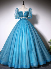 Blue Tulle Short Sleeve Backless Quinceanera Dresses