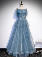 Blue Tulle Spagehtti Straps Beading Prom Dresses