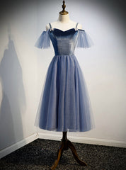 Blue Tulle Spagheti Straps Tea Length Beading Prom Dresses