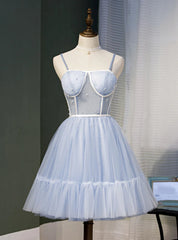 Blue Tulle Spaghetti Pleats Beading Homecoming Dresses