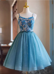 Blue Tulle Spaghetti Straps Oil Painting Pattern Homecoming Dresses