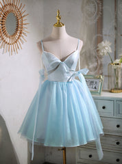 Blue Tulle Spaghetti Straps Pearls Homecoming Dresses