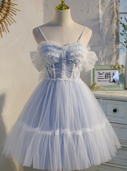 Blue Tulle Spaghetti Straps Pleats Homecoming Dresses