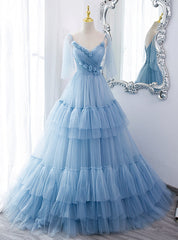 Blue Tulle Spaghetti Straps Pleats Prom Dresses