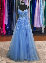 Blue Tulle Spaghetti Straps Prom Dress