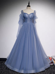 Blue Tulle Square Long Sleeve Beading Prom Dresses