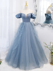 Blue Tulle Strapless Prom Dresses With Detachable Sleeve