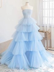 Blue Tulle Tiers Strapless Pleats Prom Dresses