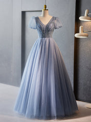 Blue Tulle V-neck Puff Sleeve Beading Prom Dresses