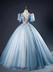 Blue Tulle V-neck Puff Sleeve Quinceanera Dresses