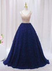 Blue Tulle V-neck Tiers Beading Prom Dresses