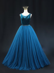 Blue Tulle Velvet Beading Prom Dresses