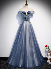 Blue Tulle Velvet Off the Shoulder Beading Prom Dresses