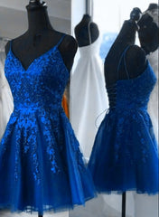 Blue Tulle with Lace Straps Short Homecoming Dresses, V-neckline Blue Prom Dresses