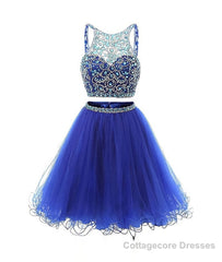 Blue two pieces tulle sequin beads short prom dress, blue homecoming