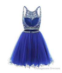 Blue two pieces tulle sequin beads short prom dress, blue homecoming