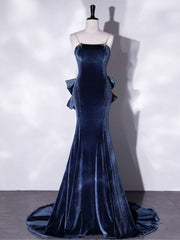 Blue Unique Mermaid Velvet Long Prom Dresses, Velvet Formal Evening Dresses