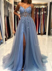 Blue V Neck Open Back Beaded Long Prom Dress High Slit Party Dress prom dresses shops