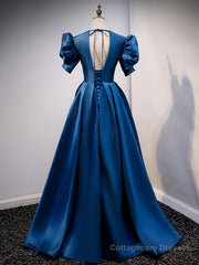 Blue v neck satin long prom dress blue satin evening dress