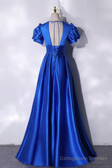 Blue V-Neck Satin Long Prom Dress, Simple Blue Evening Party Dress