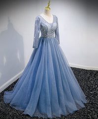 Blue V Neck Tulle Lace Long Prom Dress, Blue Evening Dress with Sequin Beading