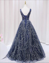 Blue V-neckline Lace Tulle Floor Length Party Dresses, Blue Prom Dresses Formal Dresses