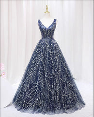 Blue V-neckline Lace Tulle Floor Length Party Dresses, Blue Prom Dresses Formal Dresses