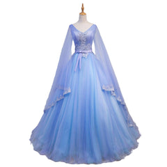 Blue V-neckline Prom Dresses with Long Sleeves, Lace Applique Party Dresses For Teen