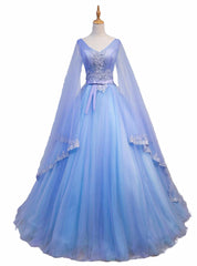 Blue V-neckline Prom Dresses with Long Sleeves, Lace Applique Party Dresses For Teen