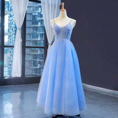 Blue V-neckline Tulle Beaded Long Straps Beaded Dresses, Blue Fashionable Formal Dresses Prom Dresses