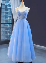 Blue V-neckline Tulle Beaded Long Straps Beaded Dresses, Blue Fashionable Formal Dresses Prom Dresses