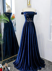 Blue Velvet Beaded Elegant Off Shoulder Evening Dress, Blue Long Prom Dress Party Dress