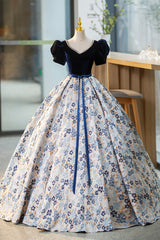 Blue Velvet Floor Length Prom Dresses with Short Sleeve, Blue V-Neck Formal Evening Dresses