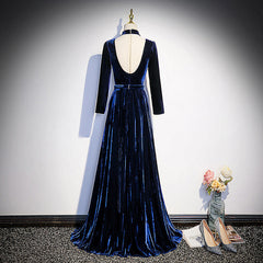 Blue Velvet Long Sleeves Floor Length Wedding Party Dresses, Blue Formal Gown